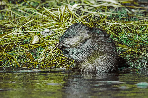 Soaked Muskrat Nibbles Grass Along River Shore (Green Tint Photo)