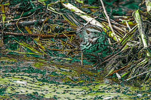 Song Sparrow Peeking Around Sticks (Green Tint Photo)