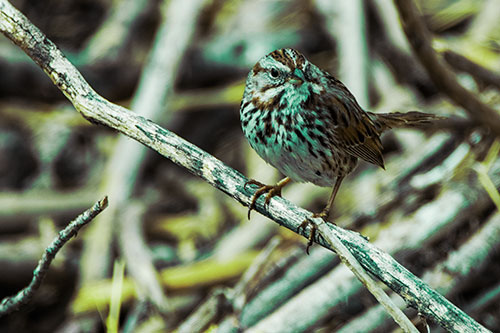 Song Sparrow Surfing Broken Tree Branch (Green Tint Photo)
