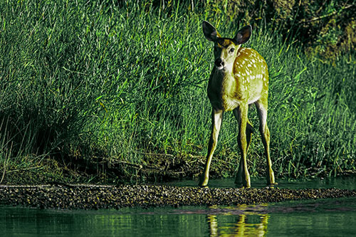 Spotted White Tailed Deer Standing Along River Shoreline (Green Tint)