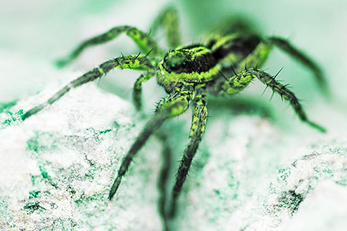 Standing Wolf Spider Guarding Rock Top (Green Tint Photo)