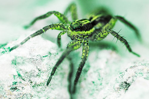 Standing Wolf Spider Guarding Rock Top (Green Tint)