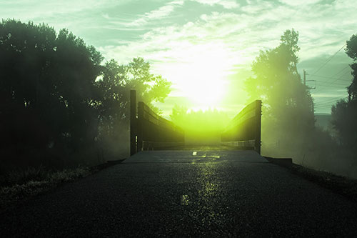 Sun Rises Beyond Foggy Wooden Walkway Bridge (Green Tint Photo)