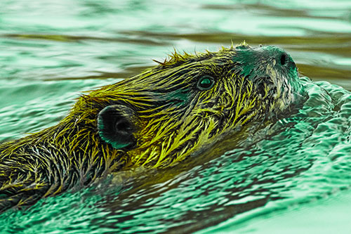 Swimming Beaver Keeping Head Above Water (Green Tint Photo)