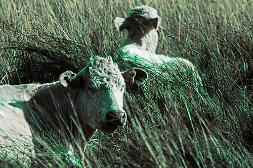 Tired Cows Lying Down Among Grass (Green Tint Photo)