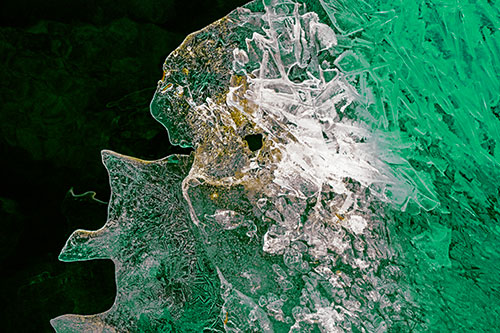 Two Faced Optical Illusion Ice Face Hanging Above River (Green Tint Photo)