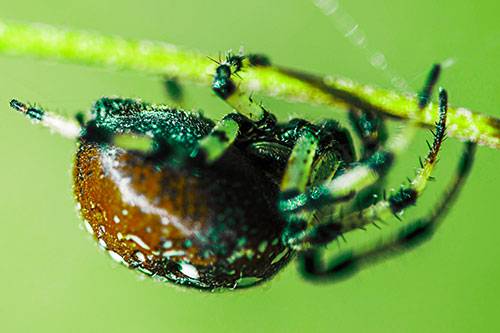 Upside Down Furrow Orb Weaver Spider Crawling Along Stem (Green Tint)