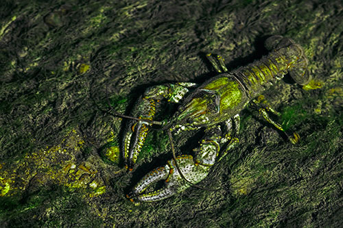 Water Submerged Crayfish Crawling Upstream (Green Tint Photo)