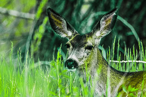 White Tailed Deer Sitting Among Tall Grass (Green Tint Photo)