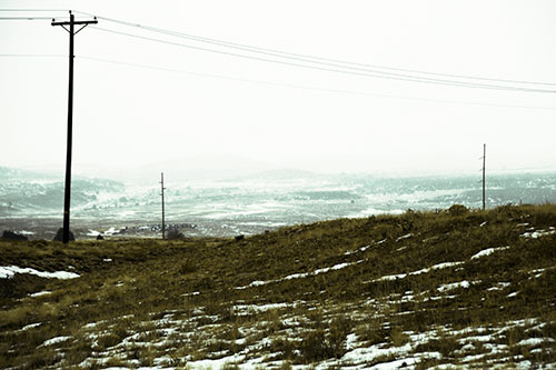 Winter Snowstorm Approaching Powerlines (Green Tint Photo)
