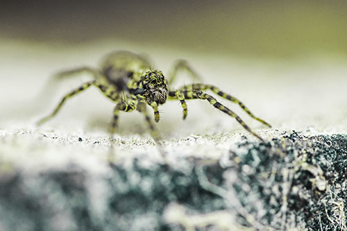 Wolf Spider Standing Along Rock Edge (Green Tint)