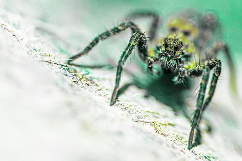Wolf Spider Watching Among Sloping Rock (Green Tint)
