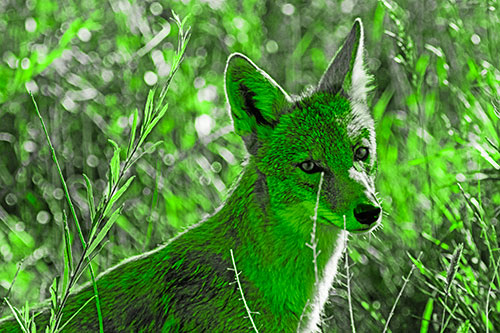 Bashful Coyote Spots Human (Green Tone Photo)