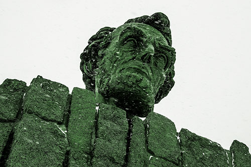 Blowing Snow Across Presidential Statue Head (Green Tone Photo)