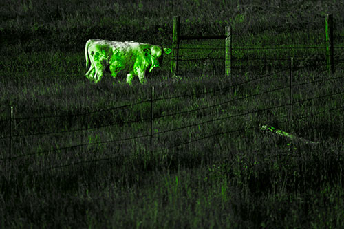 Cow Glances Sideways Beside Barbed Wire Fence (Green Tone Photo)