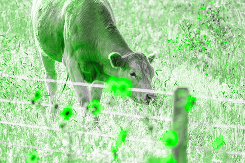 Cow Snacking On Grass Behind Fence (Green Tone Photo)