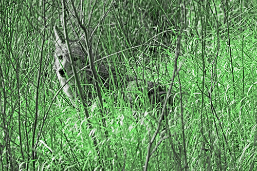 Coyote Makes Eye Contact Among Tall Grass (Green Tone Photo)