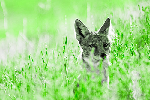 Coyote Peeking Head Above Feather Reed Grass (Green Tone Photo)
