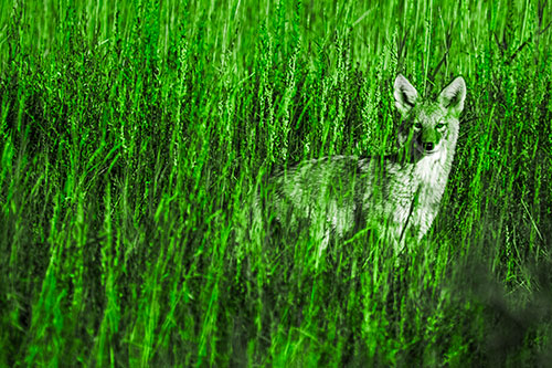 Coyote Watches Among Feather Reed Grass (Green Tone Photo)