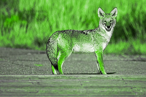 Crossing Coyote Glares Across Bridge Walkway (Green Tone)