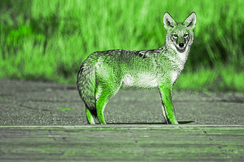 Crossing Coyote Glares Across Bridge Walkway (Green Tone Photo)