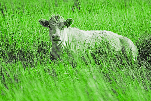 Curious Cow Awakens From Nap (Green Tone Photo)