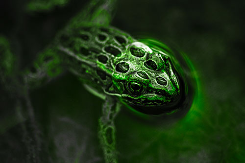 Curious Leopard Frog Peeking Head Above Water (Green Tone Photo)