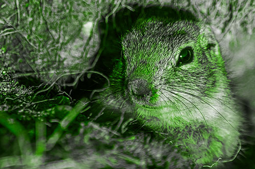 Curious Prairie Dog Watches From Dirt Tunnel Entrance (Green Tone Photo)
