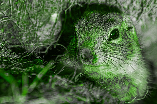 Curious Prairie Dog Watches From Dirt Tunnel Entrance (Green Tone)