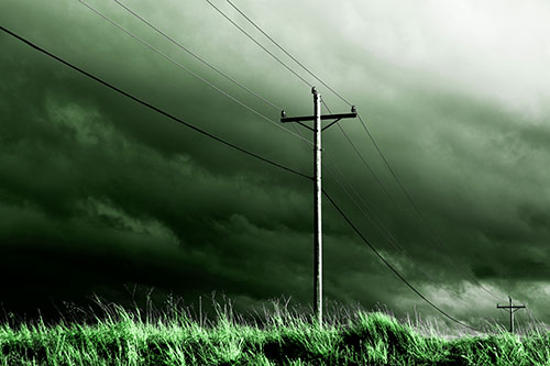 Dark Thunderstorm Clouds Over Powerline (Green Tone Photo)