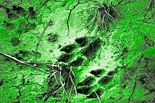 Dog Footprints On Dry Cracked Mud (Green Tone Photo)