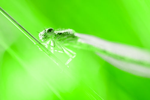 Dragonfly Rides Grass Blade Among Sunlight (Green Tone Photo)