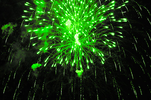 Fireworks Explosion Lights Night Sky Ablaze (Green Tone Photo)