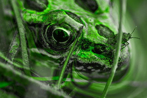 Fly Standing Atop Leopard Frogs Nose (Green Tone Photo)