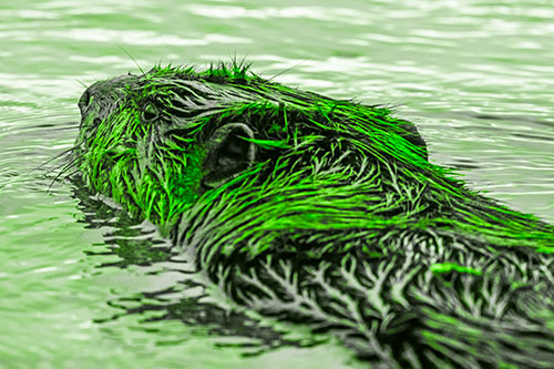 Frightened Beaver Swims Upstream River (Green Tone Photo)