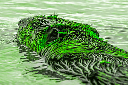 Frightened Beaver Swims Upstream River (Green Tone)