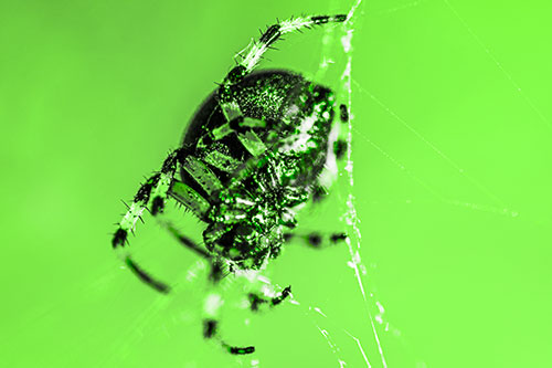 Furrow Orb Weaver Spider Descends Down Web (Green Tone Photo)