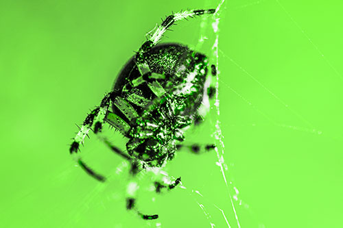 Furrow Orb Weaver Spider Descends Down Web (Green Tone)