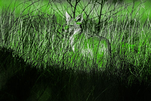Gazing Coyote Watches Among Feather Reed Grass (Green Tone Photo)