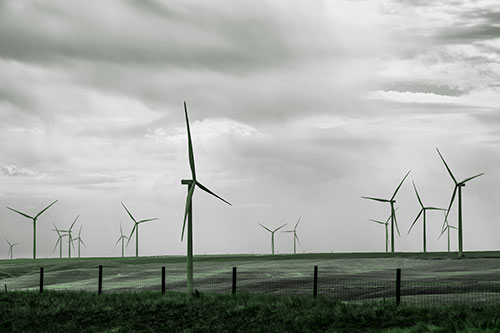 Gloomy Clouds Overcast Wind Turbine Pasture (Green Tone Photo)