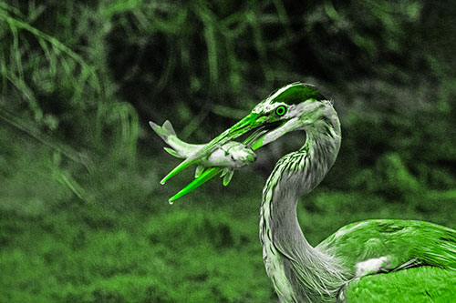 Great Blue Heron Clamps Trout Fish Between Beak (Green Tone)