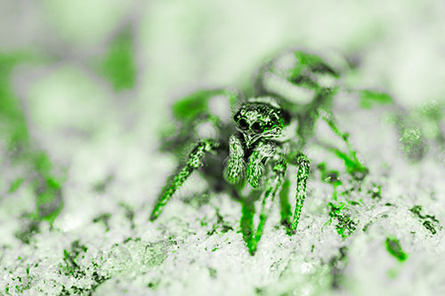 Hairy Jumping Spider Enjoying Sunshine (Green Tone Photo)