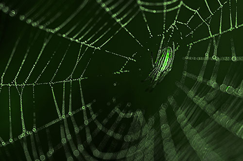 Hanging Orb Weaver Spider Perched Among Dew Covered Web (Green Tone Photo)