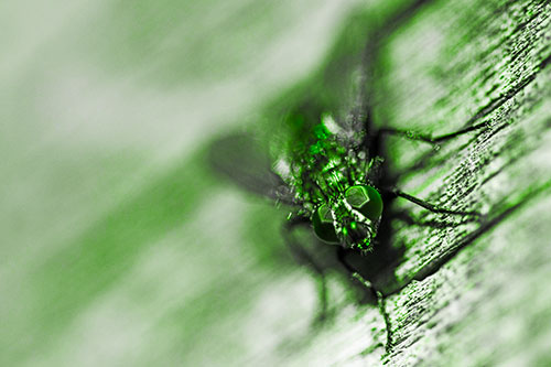 Happy Cluster Fly Enjoys Getting Suntan Among Cracked Wood (Green Tone)