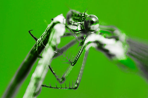 Happy Faced Dragonfly Clings Onto Broken Stick (Green Tone Photo)