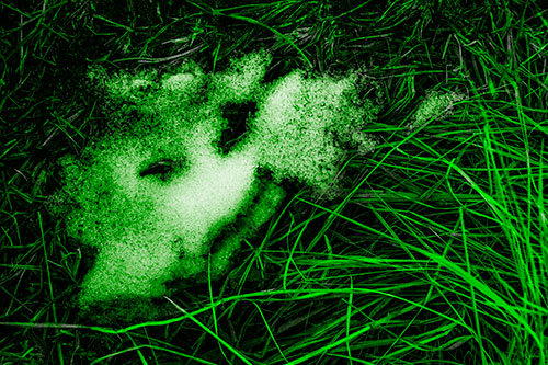 Happy Smug Faced Snow Patch Atop Grass (Green Tone Photo)
