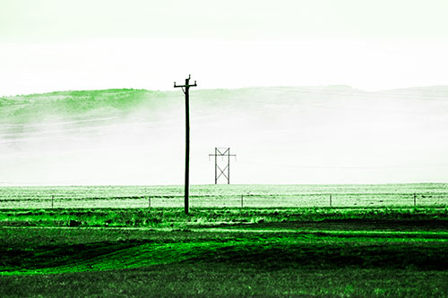 Heavy Fog Hiding Mountain Range Behind Powerlines (Green Tone Photo)