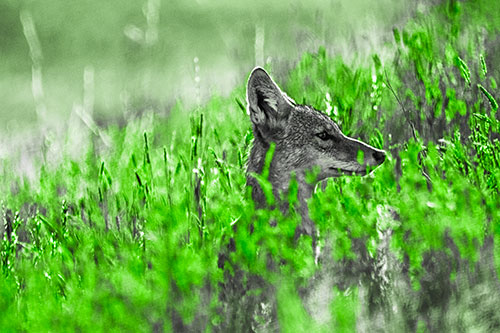 Hidden Coyote Watching Among Feather Reed Grass (Green Tone Photo)