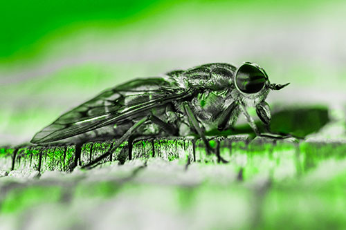 Horse Fly Resting Among Cracked Wood (Green Tone)