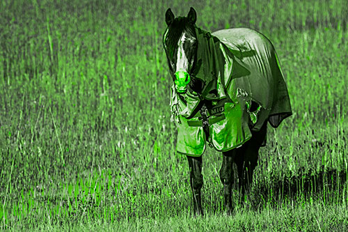 Horse Wearing Coat Standing Along Marsh (Green Tone Photo)